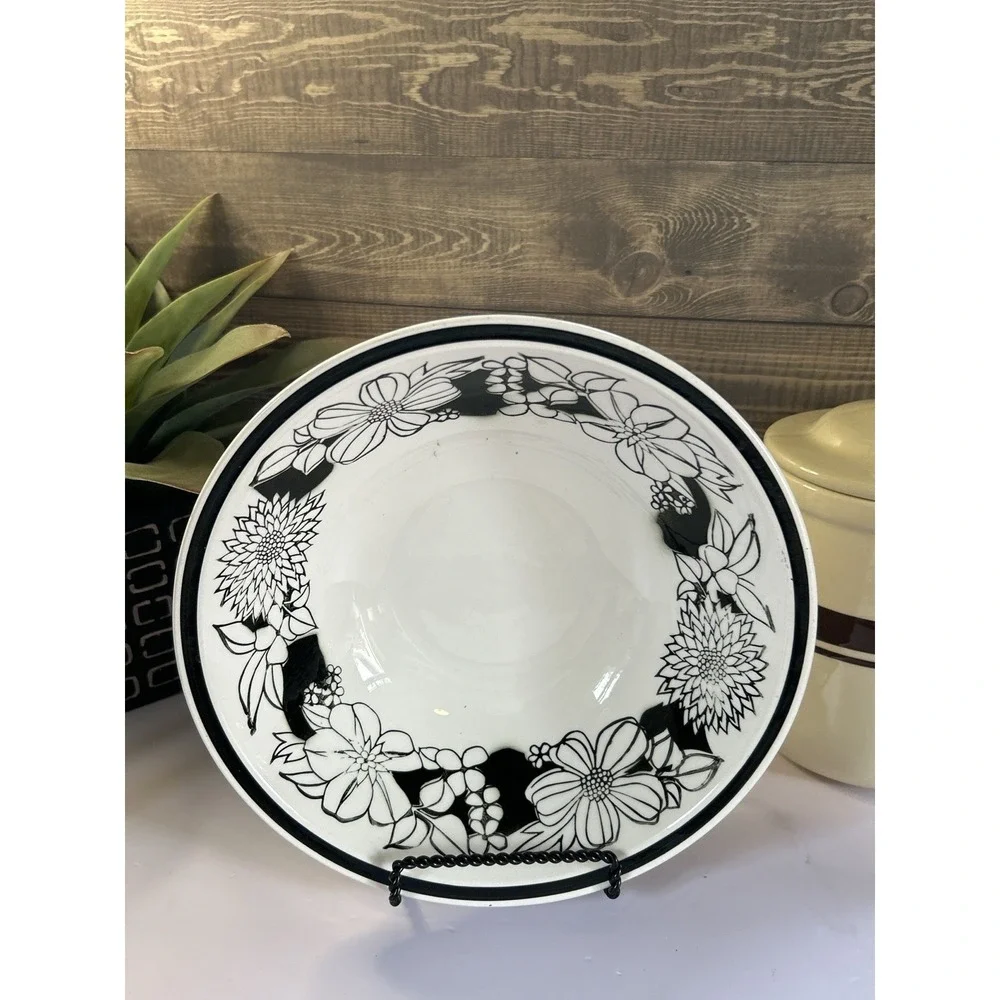 Vintage Black & White Floral Serving Bowl Retro Cottage Kitchen Farmhouse 9